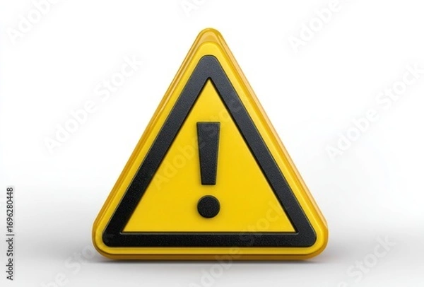 Fototapeta A yellow triangle warning sign with black border & exclamation point on white backdrop, casting a slight shadow