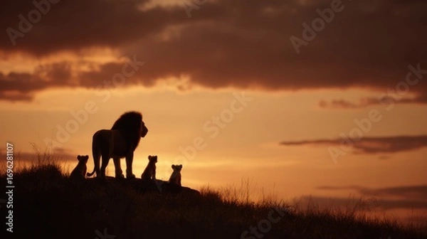 Obraz Silhouette of a lion family on a grassy hill against a dramatic orange, yellow, and brown sunset sky