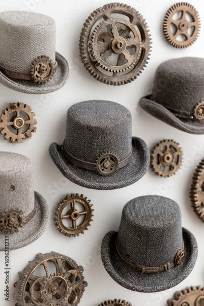 Fototapeta Grey top hats and aged bronze gears scattered on a clean white surface, arranged in a pattern
