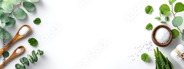 Fototapeta Flat lay of greenery, wood spoons, salt, and a small bowl on a white background, evoking a sense of wellness and natural beauty