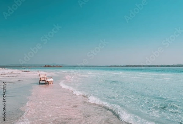 Fototapeta Serene seascape featuring a wicker chair and book on a pale sand beach where light waves gently meet the shore under a clear azure sky