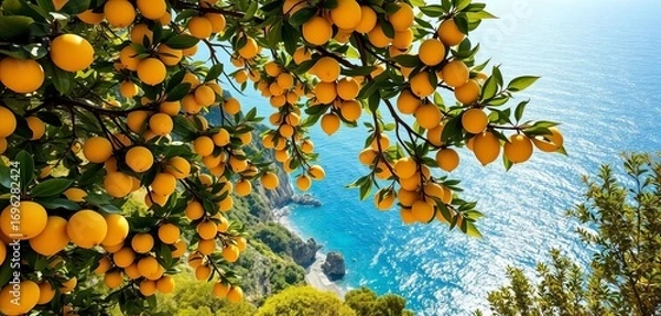 Fototapeta Sun-drenched Amalfi Coast lemon trees cascade down to the sparkling Mediterranean Sea,  vista,  agriculture