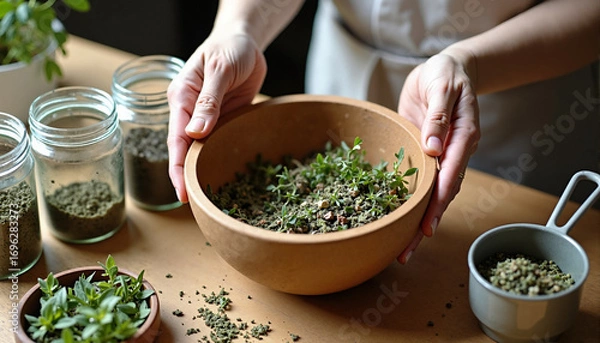 Fototapeta Herbs and soil preparation in a bowl