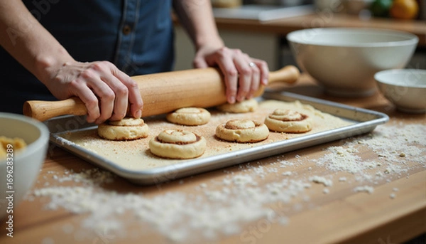 Fototapeta Rolling out cinnamon rolls on baking sheet