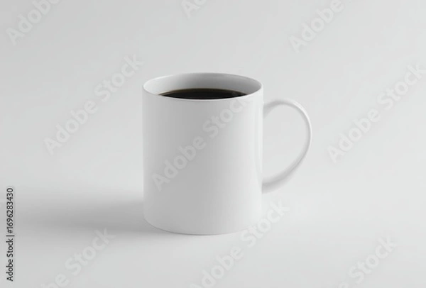 Fototapeta A white mug filled with dark liquid sits on a white surface, casting a soft shadow in a minimalist setting