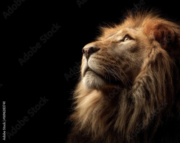 Obraz Powerful close-up of a majestic lion's head against a stark black background, looking upwards with regal grace