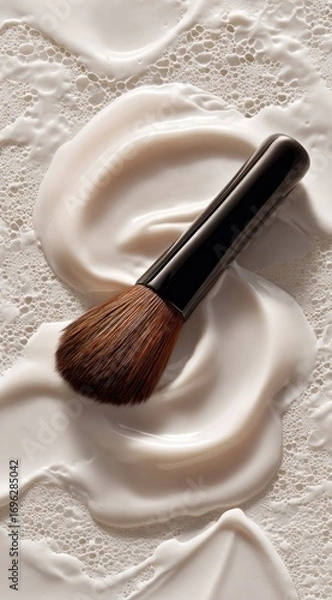 Obraz Cosmetic brush rests on swirls of light, creamy product, textured background. Warm, inviting