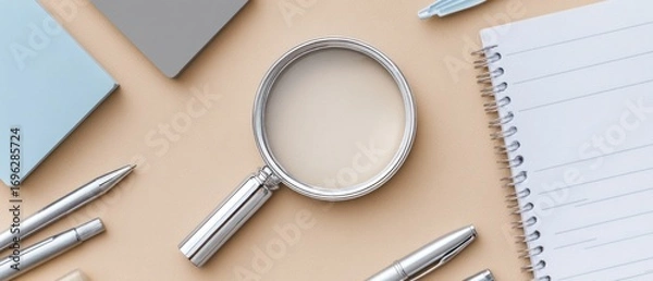 Fototapeta Neat arrangement of notebook, pens, magnifier, and pads on a beige background, creating an organized workspace aesthetic