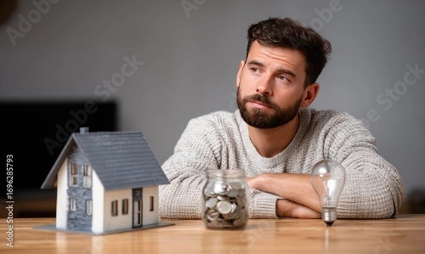 Obraz Man contemplates house, savings jar, and lightbulb on wood table, indoor setting, looking upwards
