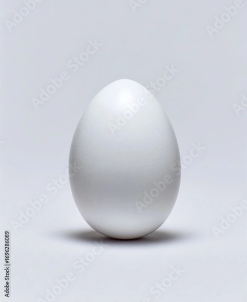 Fototapeta Single white egg stands against a soft gray backdrop, casting a delicate shadow. Still life photography