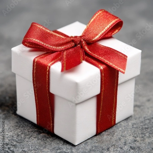 Fototapeta Gift box with red and gold ribbon on textured gray surface, centered and brightly lit