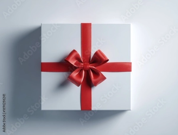 Fototapeta A simple white gift box with a red ribbon tied in a bow, casting a soft shadow on a plain background