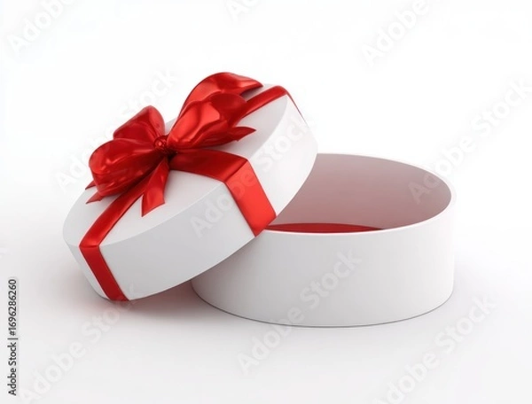 Fototapeta Heart-shaped white box, slightly open, tied with bright red ribbon and bow, sits on white surface. Simple & elegant