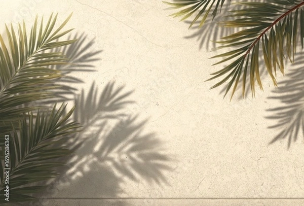 Fototapeta Palm leaves cast shadows on a textured, pale wall. Light and shadow create a tranquil, tropical feel. Elegant botanical composition