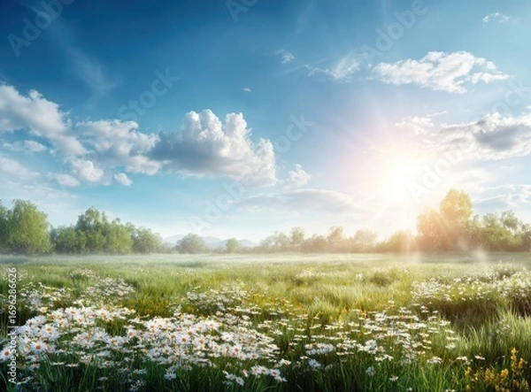 Fototapeta Sunny meadow Wildflowers blossom under blue skies with fluffy clouds, light rays bathing the dreamy landscape in warm, soft light