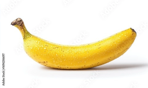 Fototapeta Close-up of a ripe, yellow banana with speckled brown spots, isolated on a white background with a soft shadow