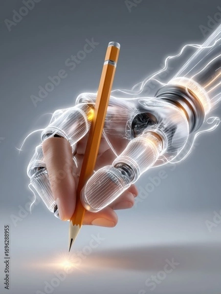 Fototapeta Human Hand and Robotic Arm Writing with Pencil, AI and Human Collaboration Concept.