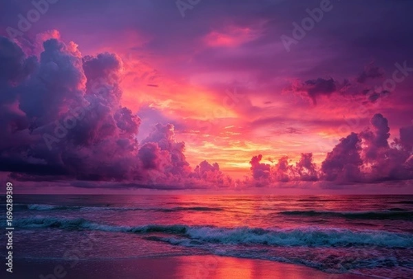 Fototapeta A vibrant, colorful seascape displays an intense sunset with vivid pink and orange hues reflected onto the ocean and sandy beach