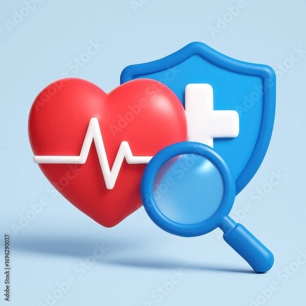 Fototapeta 3d red heart with ecg line magnified by blue lens in front of medical shield symbol healthcare concept