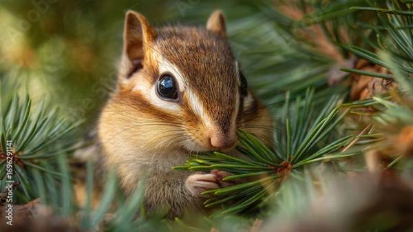 Fototapeta シマリスが松の枝をかじる様子