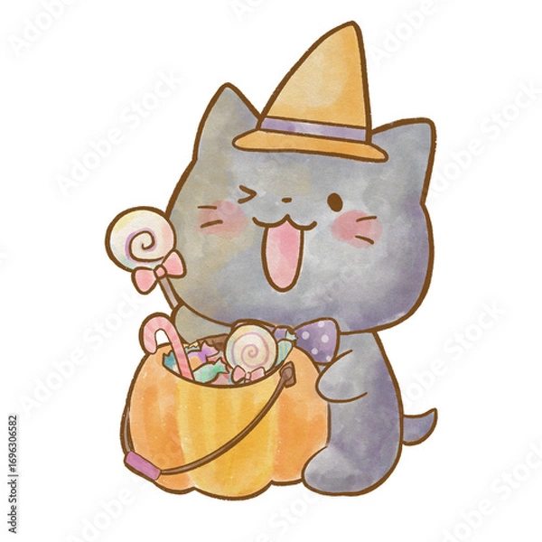Obraz ハロウィンの仮装をしてお菓子入りかぼちゃバケツを抱えるかわいい黒猫の水彩風イラスト｜やさしいタッチ

