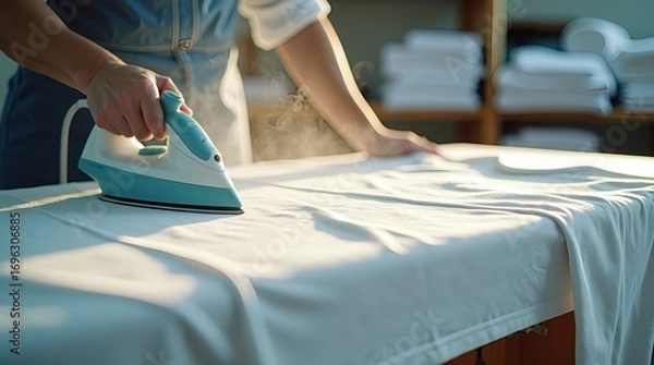 Obraz Detailed 4K scene of ironing cotton t-shirt in textile workshop, fabric weave and stitching in sharp focus, steam softly illuminated, cinematic motion shot conveying craftsmanship, care
