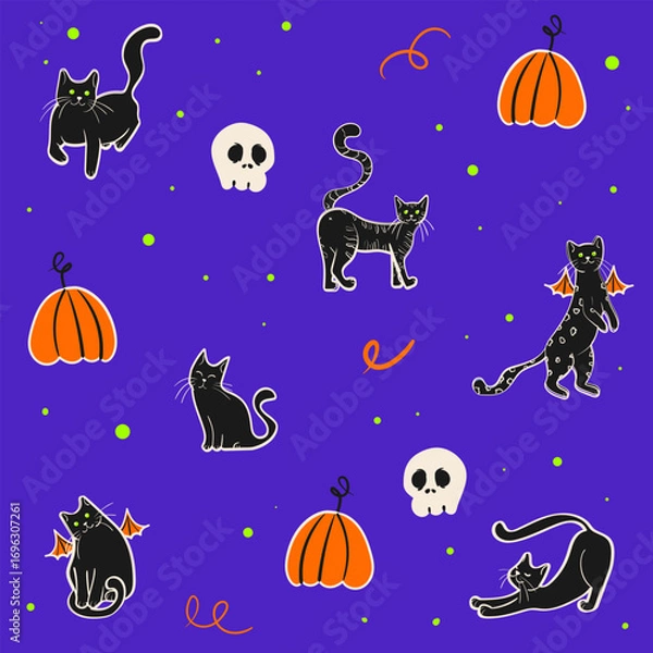 Fototapeta Black cat doodle vector seamless pattern. Halloween seamless pattern with skull, pumpkin and cat in different poses. Isolated vector pattern.