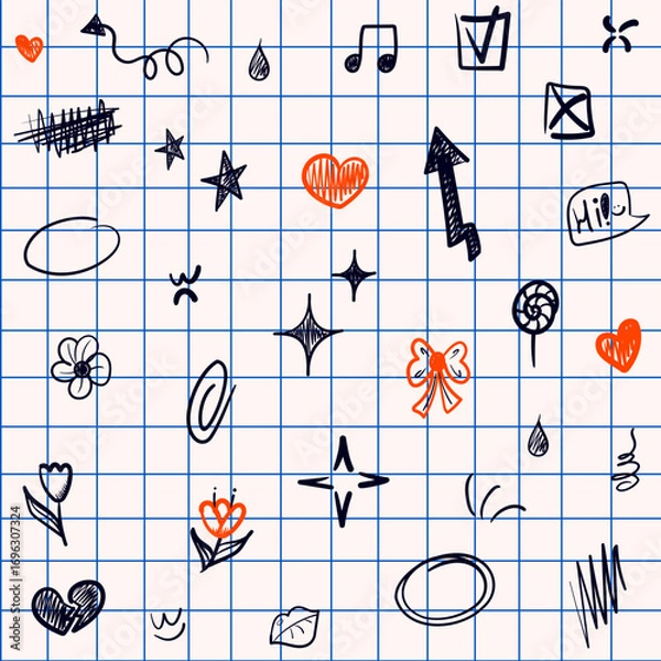 Fototapeta Hand drawn doodle ink pen line element seamless pattern on notebook grid background