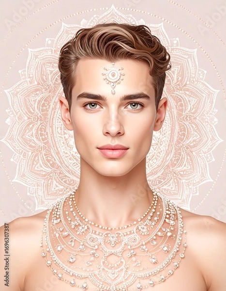 Fototapeta A young man, featuring a delicate, ornate necklace and intricate brow adornment, stands out against a soft, pastel background adorned with a mandala pattern.