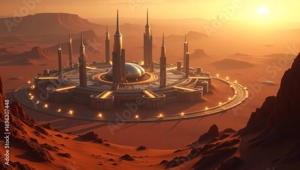 Obraz A futuristic greenhouse on Mars, transparent biodome filled with thriving green plants, astronauts managing automated hydroponic systems, red rocky desert outside