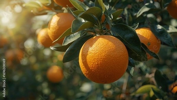 Obraz Detailed macro view of ripe oranges hanging amid dense green leaves, sunlight filtering through branches, realistic textures of citrus skin and veins on leaves, sharp focus, nature-inspired