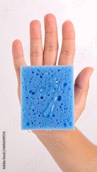 Fototapeta A wet, light-blue sponge is held in a hand against a plain background.