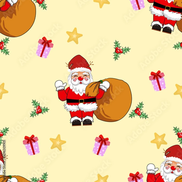 Fototapeta Merry Christmas and Happy New Year celebration seamless vector pattern with Santa Claus, gift boxes, Berry and holly.