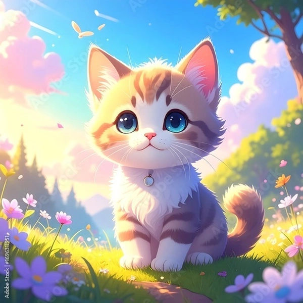 Fototapeta A charming kitten with big, blue eyes sits amongst wildflowers in a sunlit meadow.