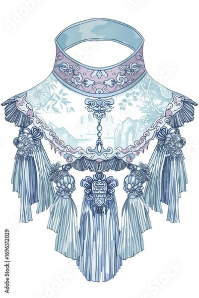 Obraz Intricate Blue and White Tassel Necklace with Floral and Geometric Patterns