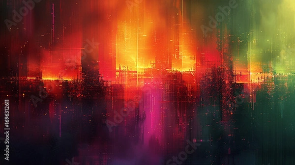 Fototapeta Abstract digital cityscape with vibrant colors and glitch effect.