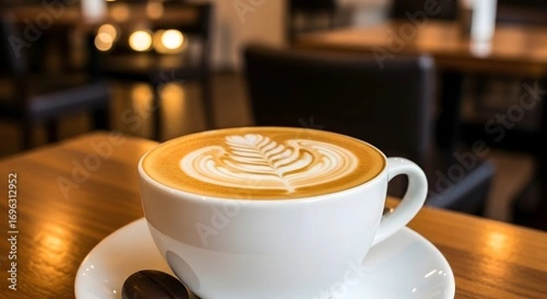 Fototapeta Elegant latte art on a cafe table creates a warm and inviting coffee experience, perfect for branding or marketing coffee shops and specialty drinks.