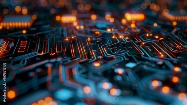 Obraz Illuminated Circuit Board with Glowing Connections