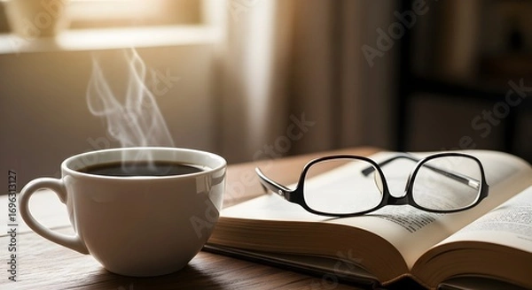 Fototapeta Steaming coffee cup next to an open book with glasses, creating a cozy reading nook.