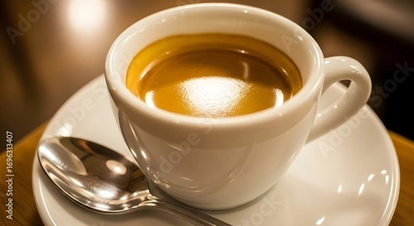 Fototapeta Close-up of a freshly brewed espresso in a white ceramic cup and saucer, with a silver spoon, ready to be enjoyed.