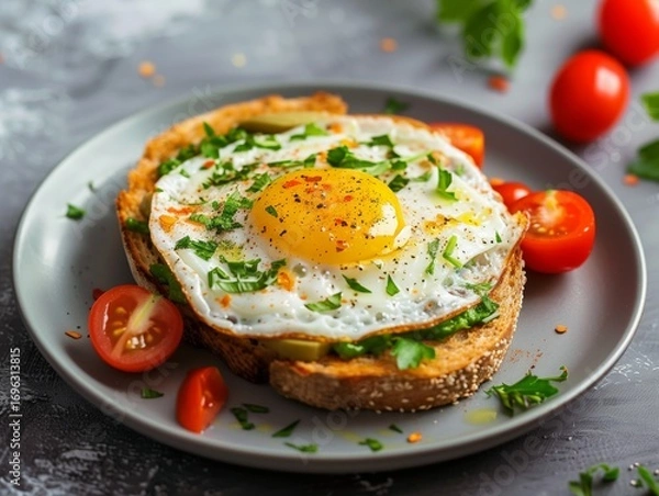 Obraz Fried Egg on Toast with Cherry Tomatoes and Fresh Herbs