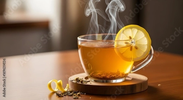 Fototapeta Warm and inviting cup of steaming lemon tea on a wooden table, perfect for relaxation and comfort. Ideal for blogs, websites, and social media.