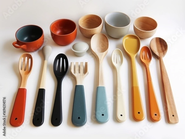 Obraz Assorted wooden and ceramic kitchen utensils and bowls arranged neatly on a white surface