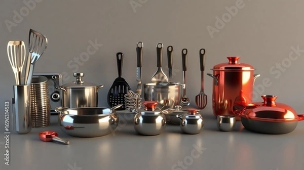 Obraz Collection of Kitchen Utensils and Cookware Displayed on a Neutral Background