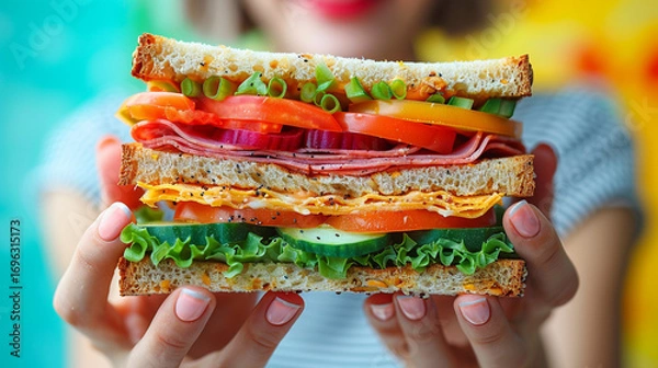 Fototapeta Woman holding a large, colorful, layered sandwich with various fillings, such as vegetables, meats, and cheese, presented in a close-up view.