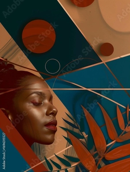 Obraz Artistic Portrait with Geometric Shapes and Tropical Leaves