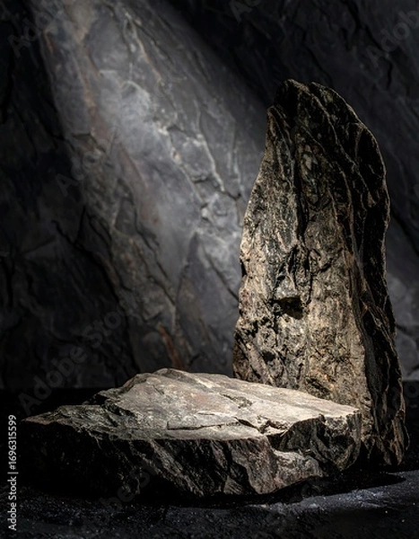 Fototapeta A dramatic, natural rock display, showcasing a rough-hewn stone platform against a textured dark stone backdrop, bathed in dramatic light.