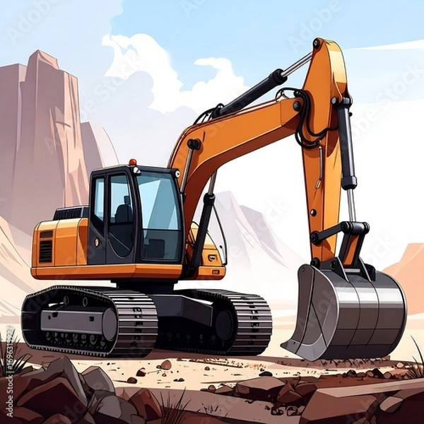 Fototapeta A large, orange excavator sits on a sandy terrain, surrounded by rocky landscapes.