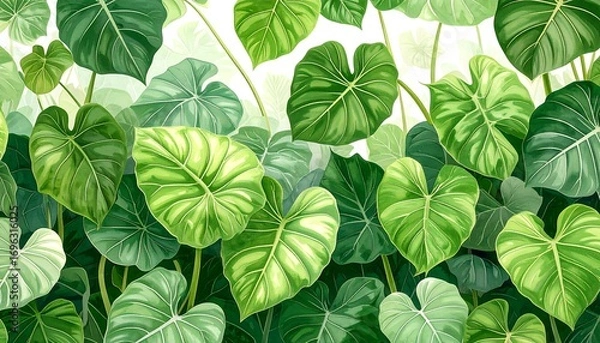 Fototapeta Lush green foliage with heart-shaped leaves fills the image, creating a vibrant and dense tropical atmosphere.