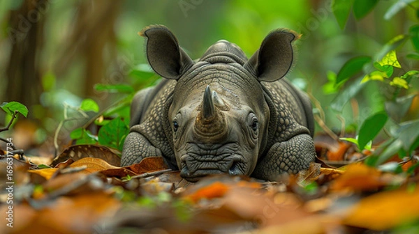 Fototapeta Close-up of a small rhinoceros resting in the forest floor, surrounded by fallen leaves.